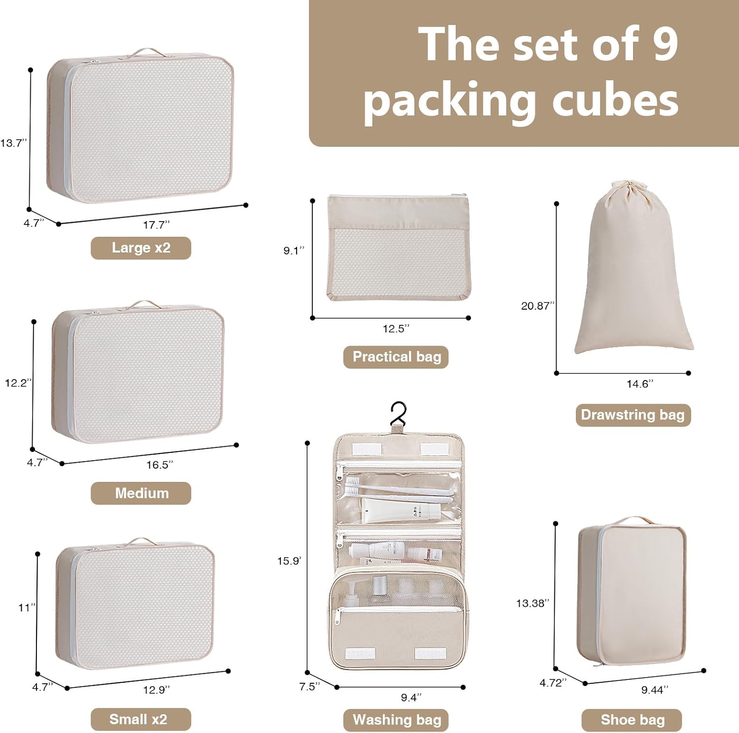 Easortm Packing Cubes for Travel - 9 Set Packing Cubes for Suitcase Large Travel Cubes Luggage Organizer Bags Set With Travel Laundry Bags/Shoe Bag/Toiletry Bag (Beige) - Image 3