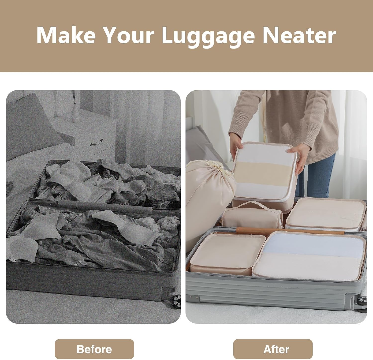 Easortm Packing Cubes for Travel - 9 Set Packing Cubes for Suitcase Large Travel Cubes Luggage Organizer Bags Set With Travel Laundry Bags/Shoe Bag/Toiletry Bag (Beige) - Image 6