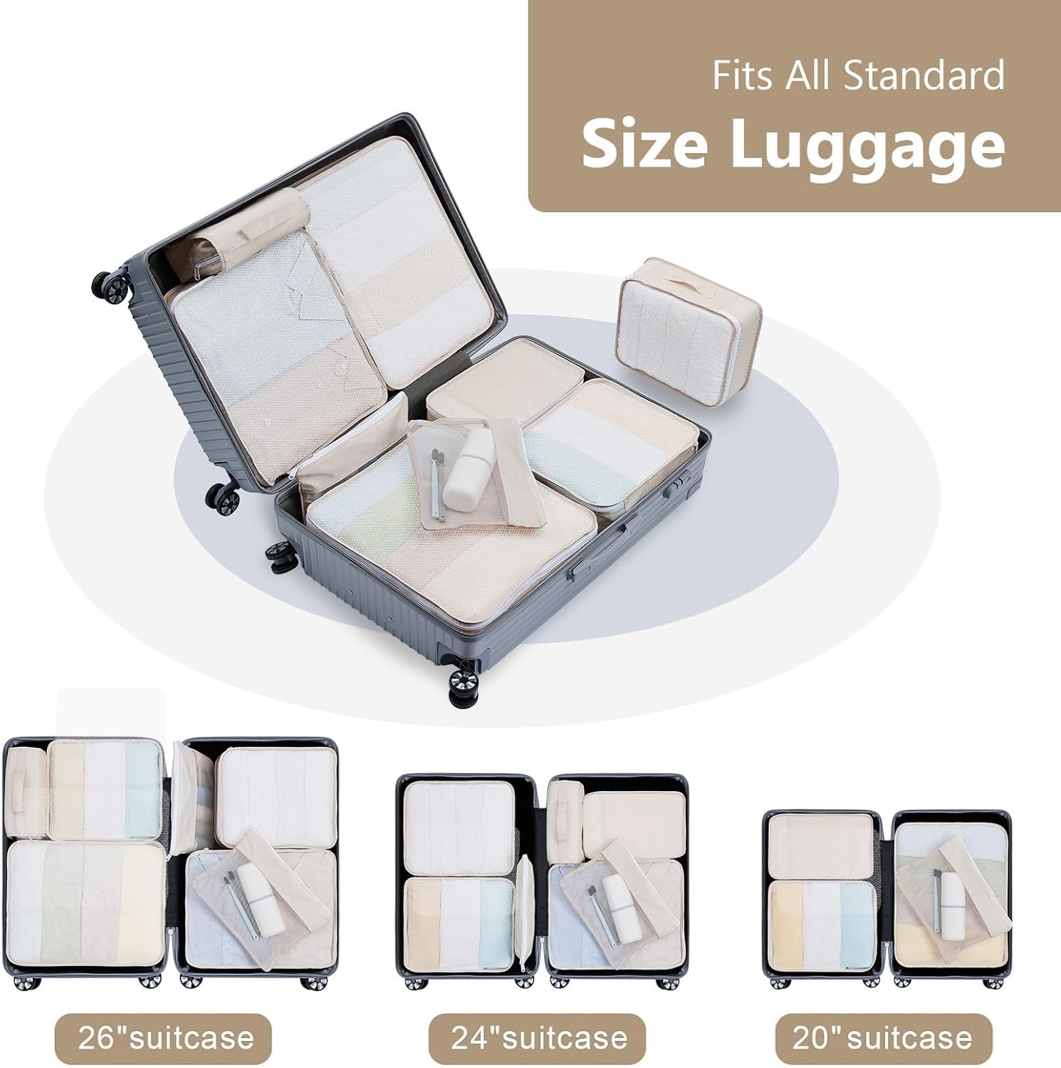 Easortm Packing Cubes for Travel - 9 Set Packing Cubes for Suitcase Large Travel Cubes Luggage Organizer Bags Set With Travel Laundry Bags/Shoe Bag/Toiletry Bag (Beige) - Image 7